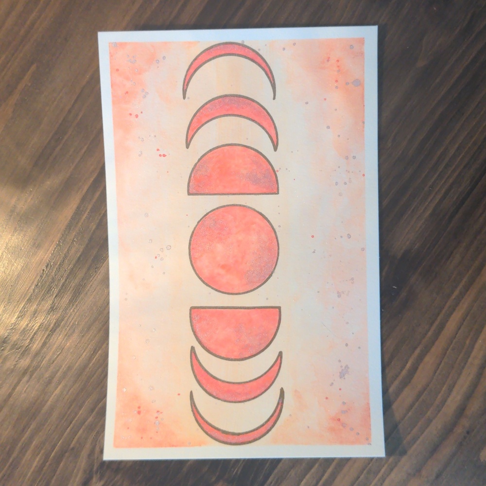 Original Watercolor Boho Peach Moon Phase Print